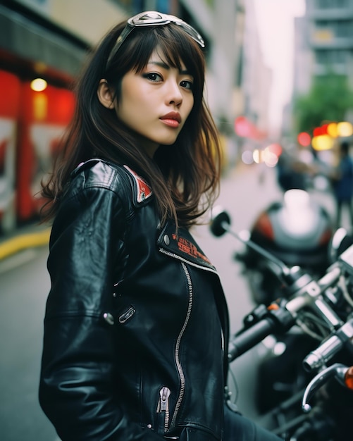 Lovely young Japanese lady riding on the street while wearing a leather jacket was captured Generative AI