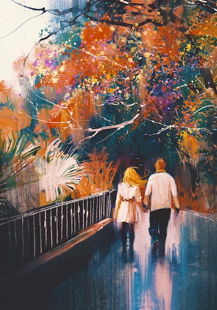 lover couple walking holding hands in autumn park,illustration painting