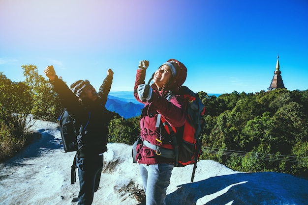 Lover women and men Asian travel nature. Travel relax. On the Mountain. Thailand