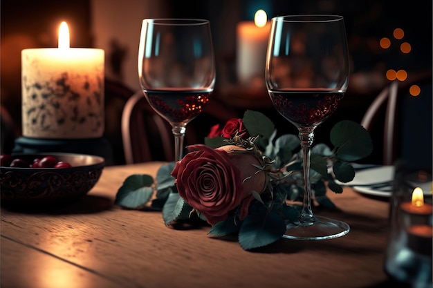 Lovers Celebrating Anniversary Or Valentine's Day Romantic DinnerTwo glasses of red wine and candles on the wooden desk