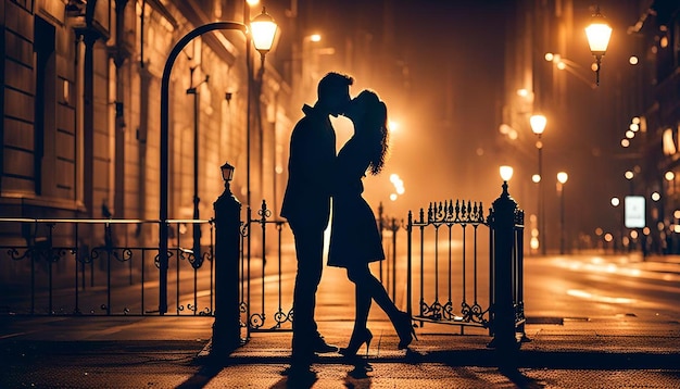 Photo lovers kissing under a streetlight