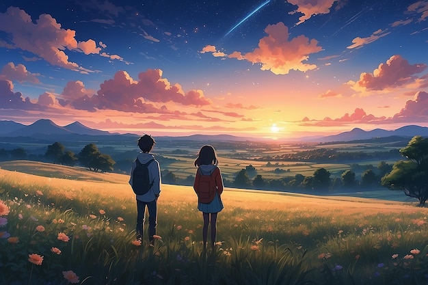 Lovers Landscape anime of romantic couple watching the night sky in a field at sunset