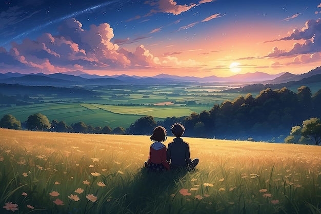 Lovers Landscape anime of romantic couple watching the night sky in a field at sunset