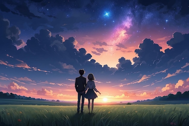 Lovers Landscape anime of romantic couple watching the night sky in a field at sunset