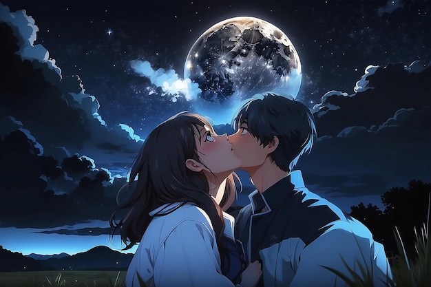 Lovers Landscape anime of romantic couple watching the night sky in a field at sunset