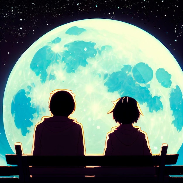 Lovers look at the moon in the night sky in the Anime style