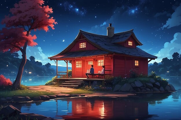 Photo lovers sitting outside red night over a small house by