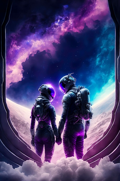 Lovers in spacesuits holding hands looking from the dock of a giant spaceship into a massive nebula of purple gaseous clouds in front of a solar system