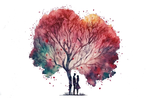 Lovers standing under heart shaped tree valentine's day concept design