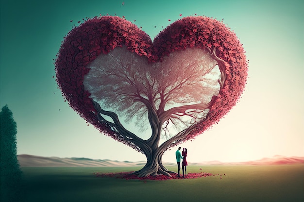 Lovers standing under heart shaped tree valentine's day concept design