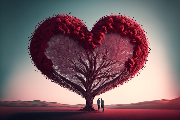 Lovers standing under heart shaped tree valentine's day concept