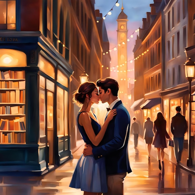 Photo lovestruck duo embracing on street near romantic novel book cover