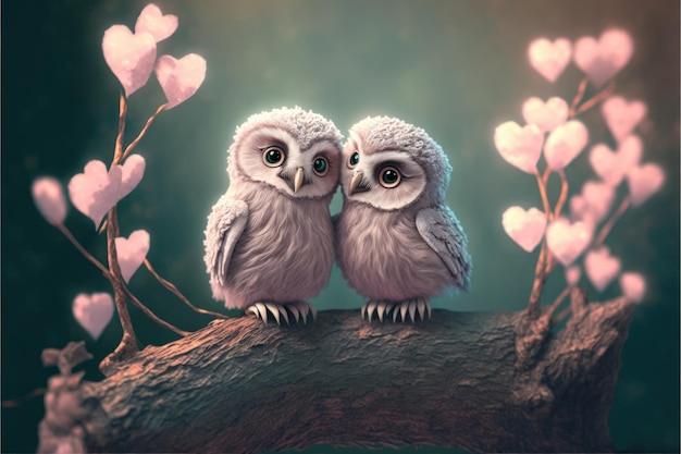 Loveydovey owls in love Cute lovers two ducks close together Generative AI