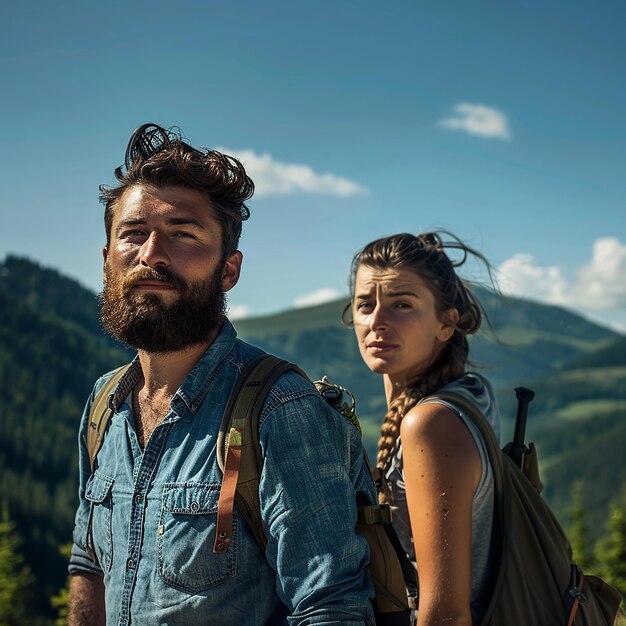 Photo a loving couple of different ethnicities embracing the great outdoors cheerfully trekking upwards