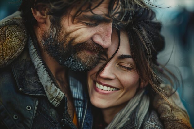 Photo loving couple embracing in cold weather smiling faces close