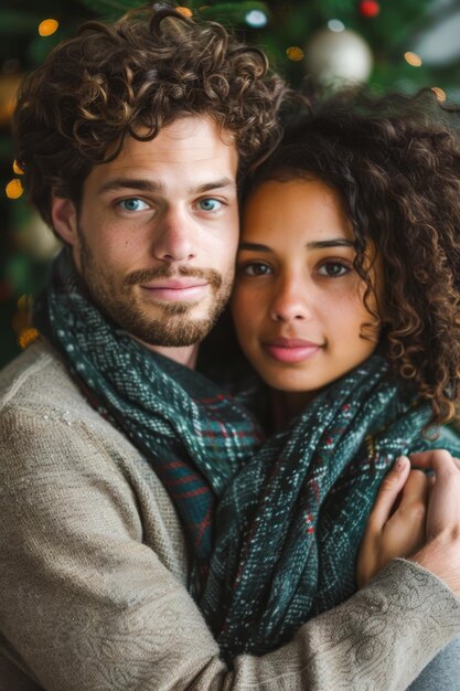 Loving Couple Embracing in Cozy Winter Apparel Against Festive Christmas Background with Lights