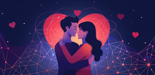 Photo loving couple embracing in front of a glowing heart surrounded by connected nodes and lines