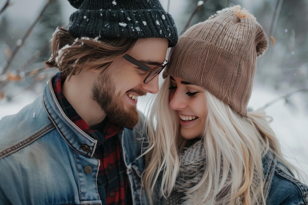 Loving couple enjoying a snowy day together