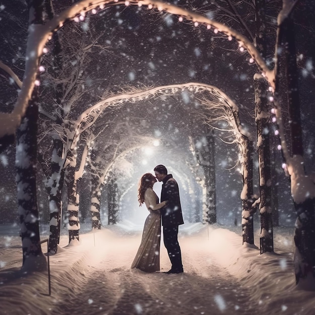 Loving Couple Hugging in Winter Wonderland Romantic Embrace Amidst Snowy Beauty