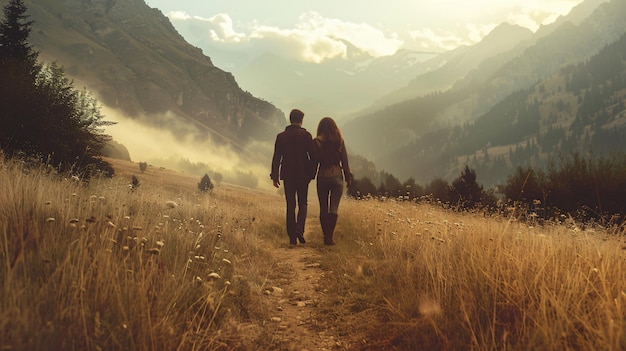 Photo a loving couple is walking in the mountains creative