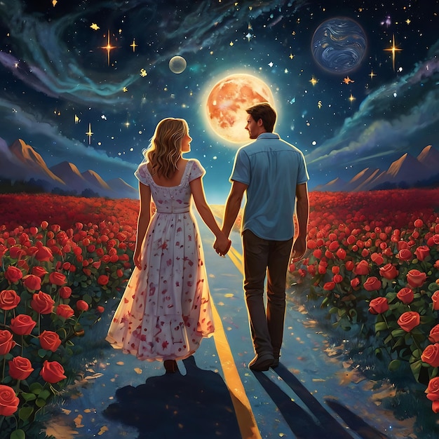 Loving couple is walking in nature and enjoy the moonlit night together generated by ai