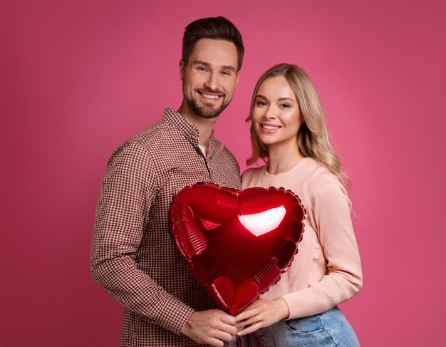 Photo loving couple of lovers holding a heart balloon with free space for text valentines day