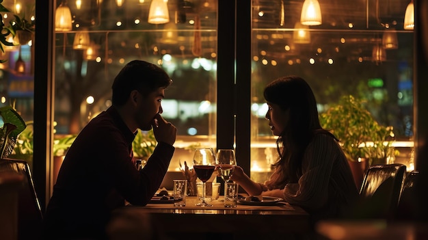 loving couple sitting at table in restaurantcafe