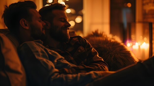 Loving couple of two men sitting on the sofa in a romantic atmosphere