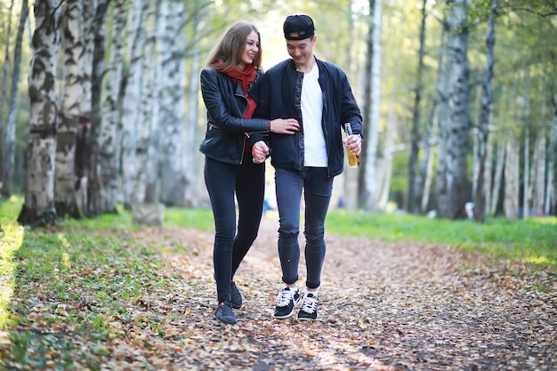 Loving couple walking in casual clothes