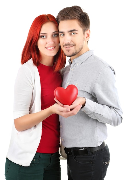 Loving couple with heart isolated on white