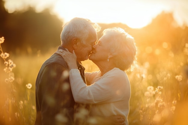 A loving elderly couple sharing a tender kiss in a sunlit field Their joy radiates warmth and connection A beautiful moment captured in soft focus Generative AI