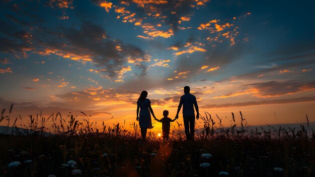 Photo loving family bonding in sunset glow family silhouette of parents and their young son holding