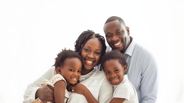 Loving family of four posing together with warm smiles on plain white background