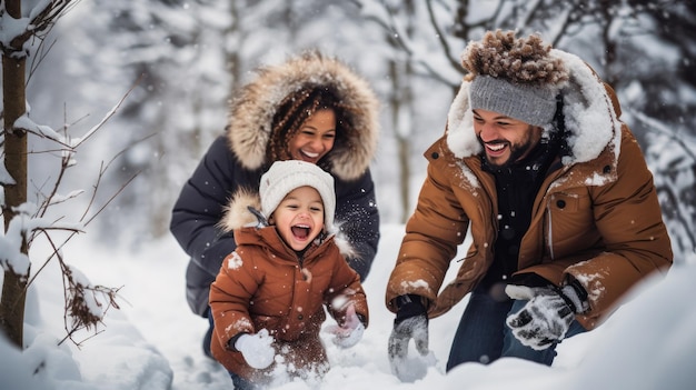 Loving family playing in the snow and making memories