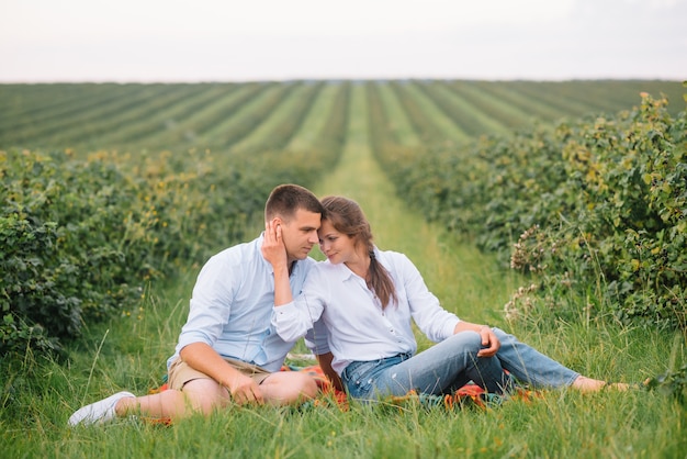 Loving guy and girl walking in nature.concept of love story outdoor.