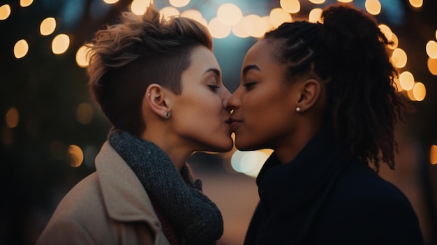 A loving lesbian couple share a kiss under the mistletoe Generative AI image