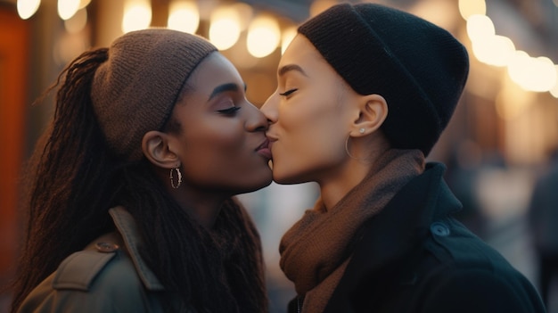 A loving lesbian couple share a kiss under the mistletoe Generative AI image