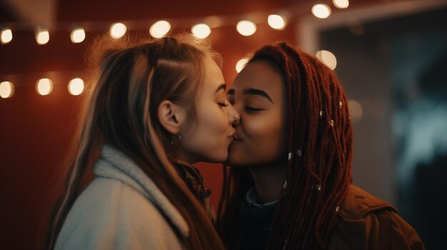 A loving lesbian couple share a kiss under the mistletoe Generative AI image