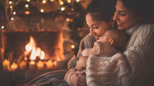 Loving LGBTQ couple cuddling their newborn baby by a warm fireplace surrounded by cozy festive decorations and glowing lights