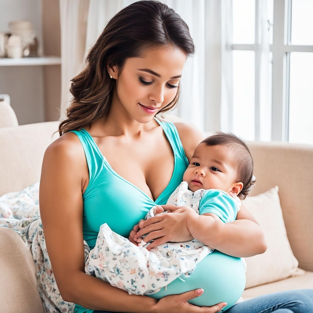 Loving mom carying of her newborn baby at home bright portrait of happy mom holding sleeping