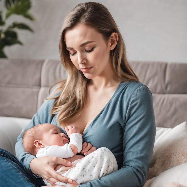 Loving mom carying of her newborn baby at home bright portrait of happy mom holding sleeping