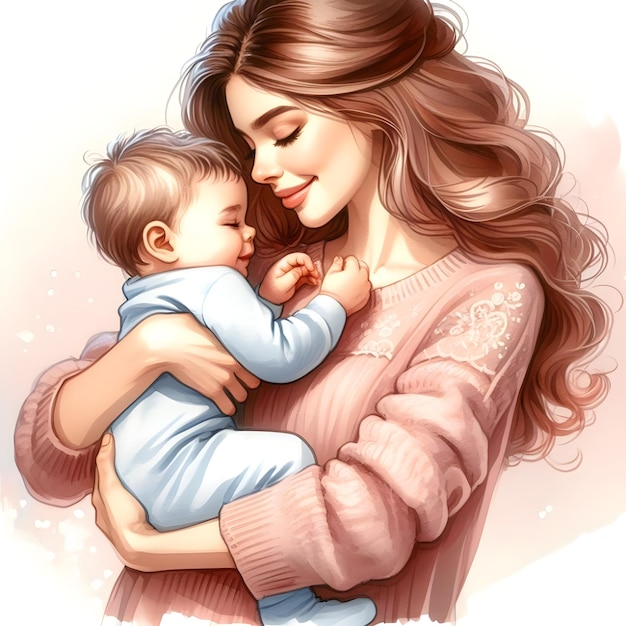 A loving mother holds a small child in her arms moment Mom hugs the baby Mothers day