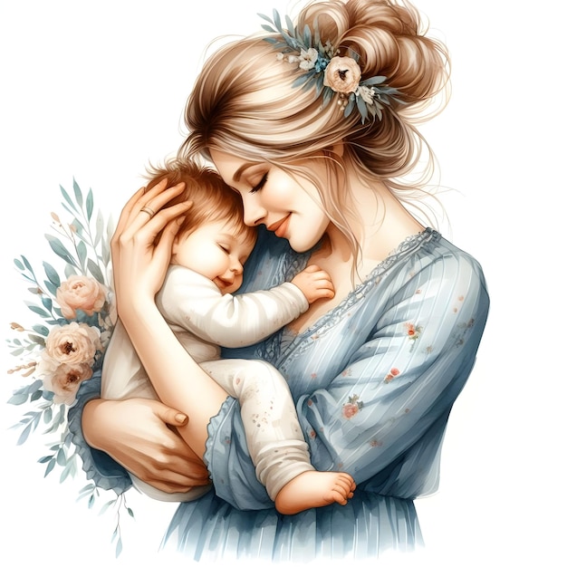 A loving mother holds a small child in her arms moment Mom hugs the baby Mothers day