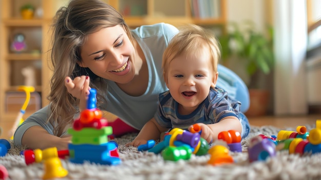 A loving mother plays with her baby on the floor They are both smiling and appear to be enjoying themselves