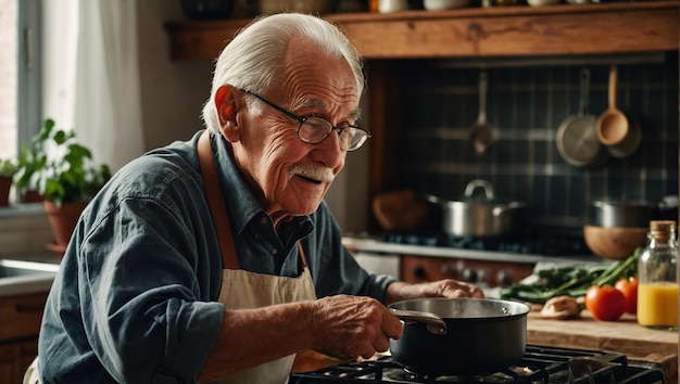 A loving and nurturing grandpa cooking a delicious meal in a cozy kitchen filled with family photos