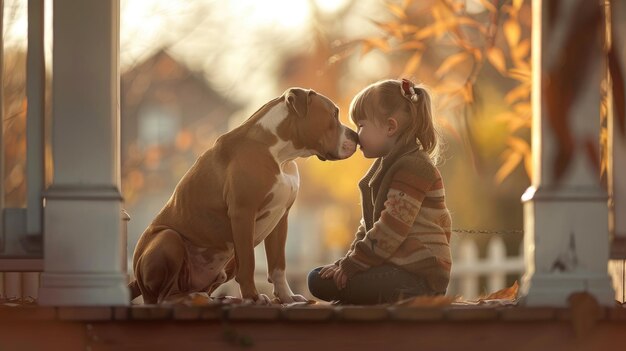 A loving Pit Bull and a young child sitting together on a porch sharing a tender moment with a warm home setting in the background