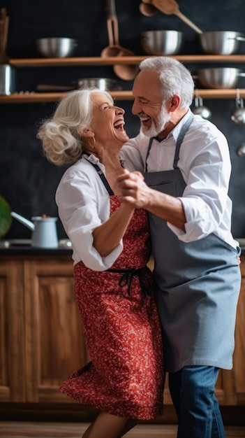 Loving senior couple greyhaired man and woman while they dance laugh and prepare home kitchen