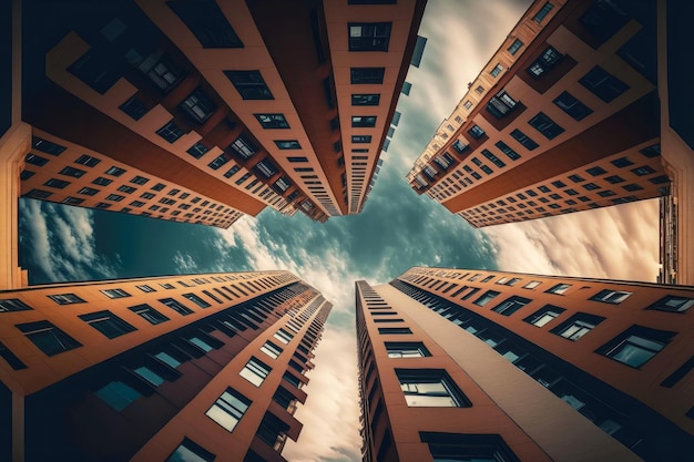 Low angle buildings surrounded by yellow orange multistorey buildings