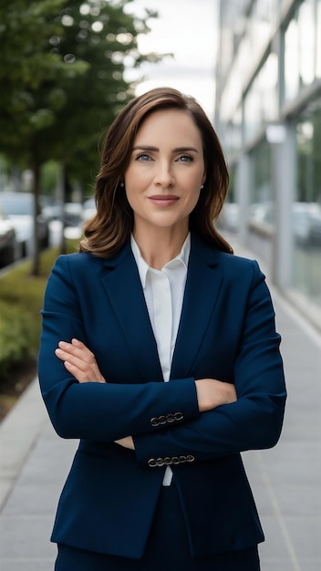 Low angle of businesswoman posing with arms crossed outdoors