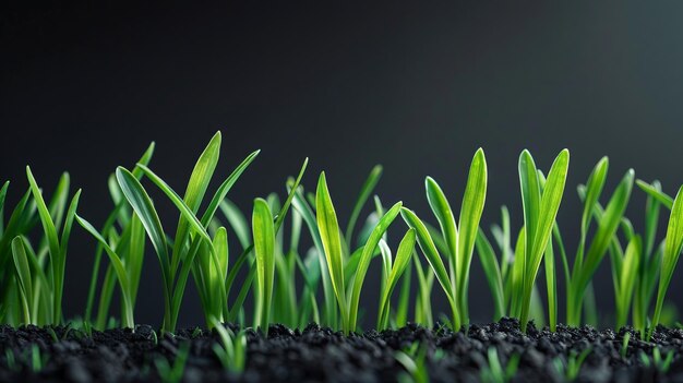 Photo low angle clean grass seedling on light black ground bottom focus space for text